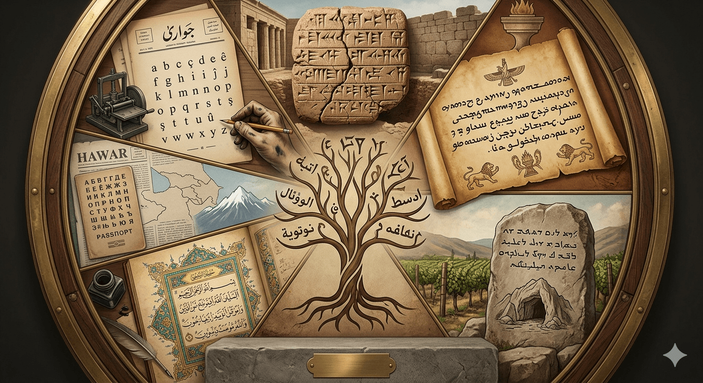 Stûna netewbûnê; Ziman û alfabeyên kurdan